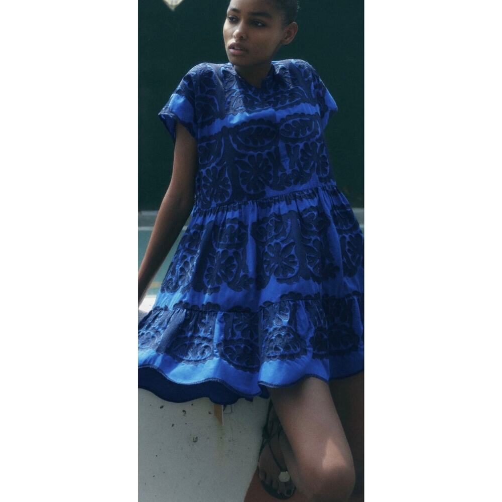 Zara Womens  NEW Embroidered Short Dress Tunic Cobalt Blue XL Bloggers Fave BOHO - Picture 10 of 14